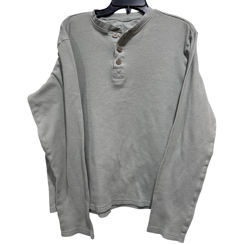 Honest Waffle Henley Shirt Men Large Green Knit Organic Cotton Minimalist Casual